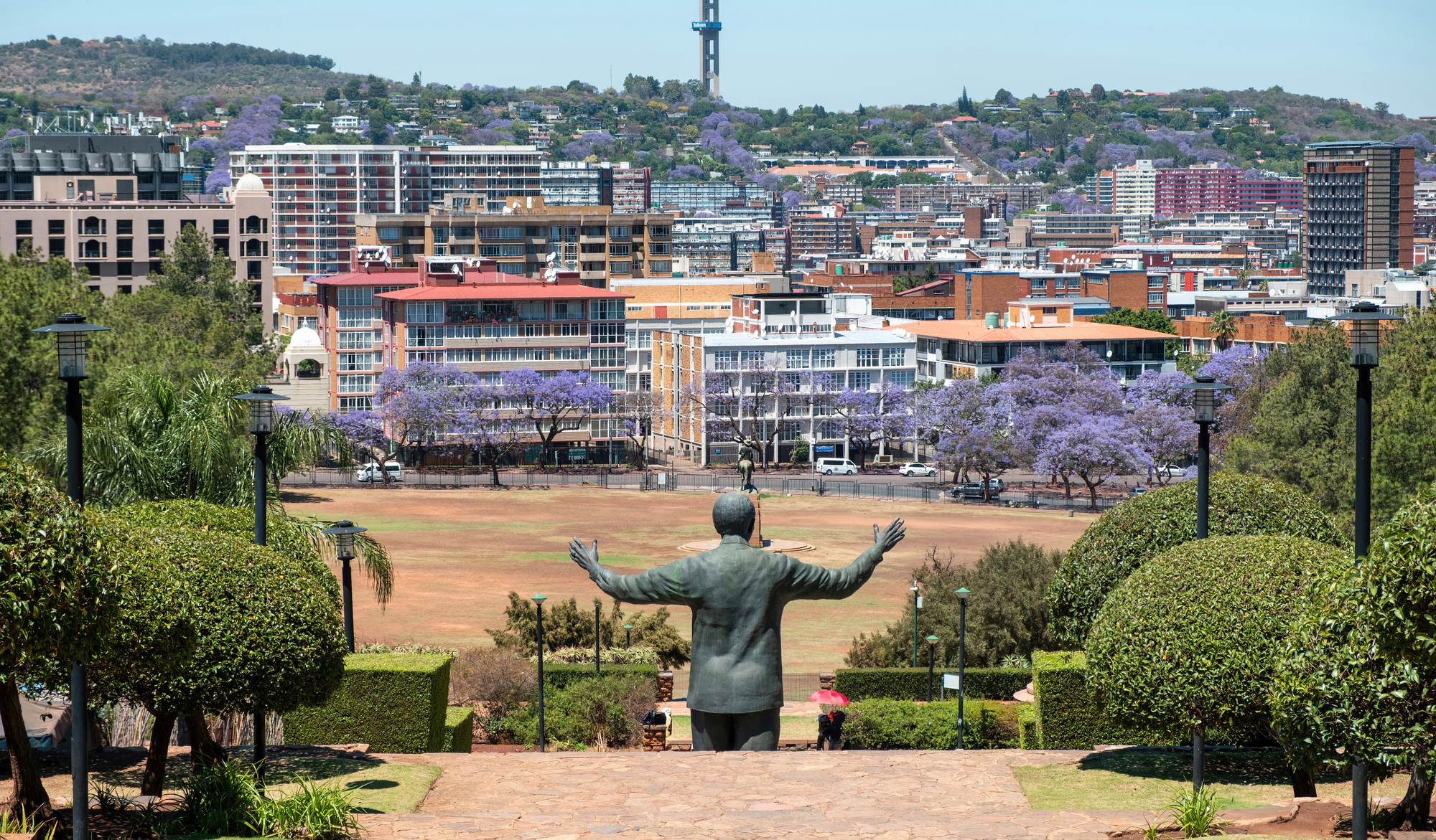 Nelson Mandela statue rear view and the Union Buildings garden, Pretoria, South Africa.