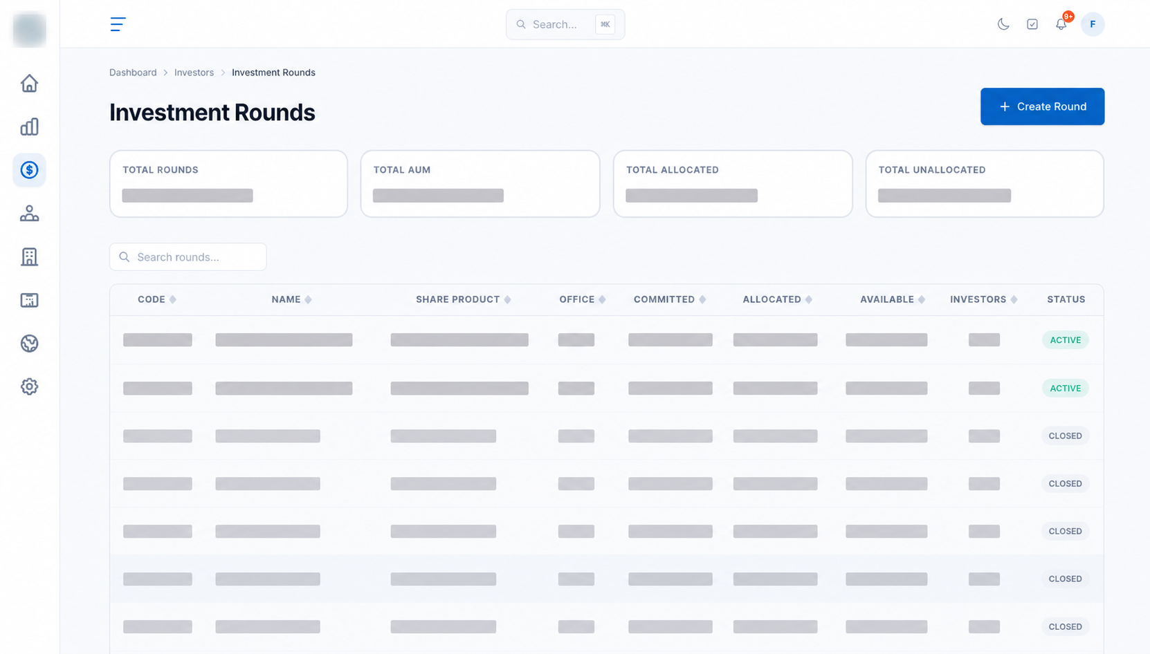 Investment rounds workspace